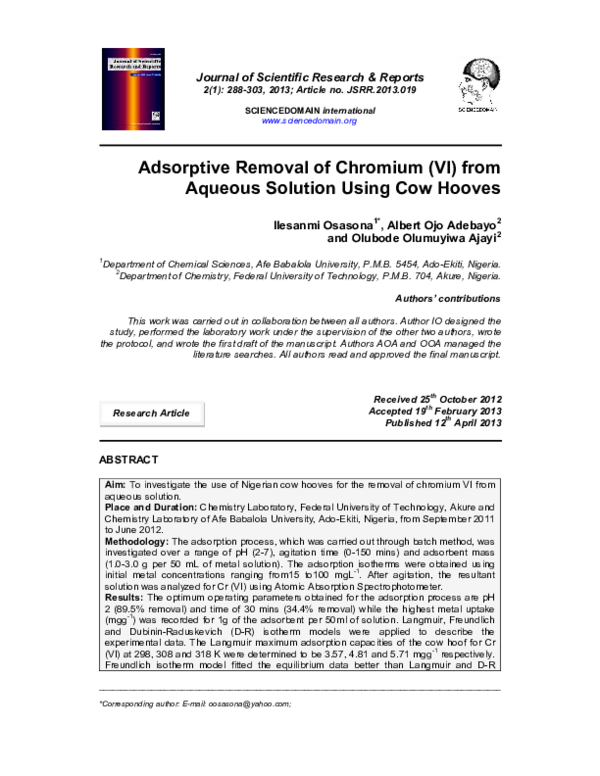 (PDF) Adsorptive Removal of Chromium (VI) from Aqueous Solution Using ...