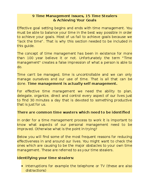 (DOC) 9 Time Management Issues, 15 Time Stealers & Achieving Your Goals