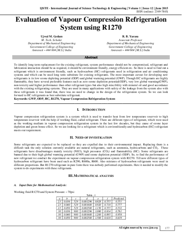 (PDF) Evaluation of Vapour Compression Refrigeration System Using R1270