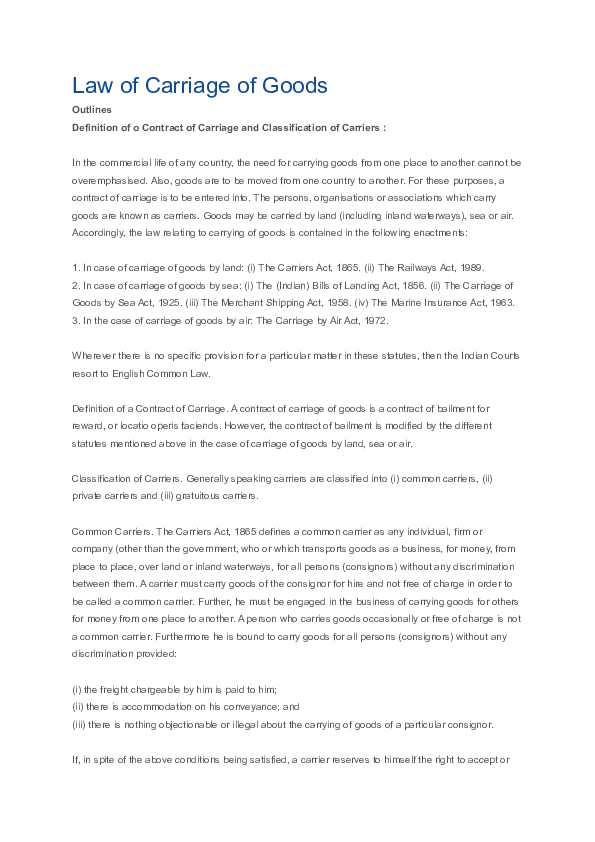 Doc Law Of Carriage Of Goods Outlines Definition Of O Contract Of Carriage And Classification Of Carriers P V R Academia Edu
