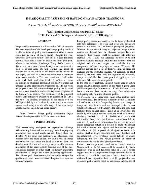 (PDF) IMAGE QUALITY ASSESSMENT BASED ON WAVE ATOMS TRANSFORM