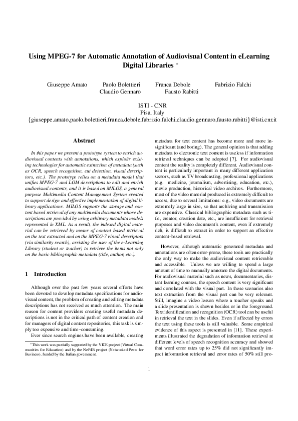 (PDF) Using MPEG-7 for Automatic Annotation of Audiovisual Content in ...