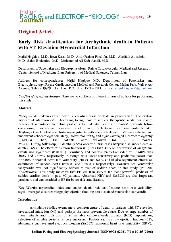 (PDF) Original Article Early Risk stratification for Arrhythmic death ...