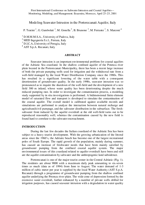 (PDF) Modeling Seawater Intrusion in the Portorecanati Aquifer, Italy