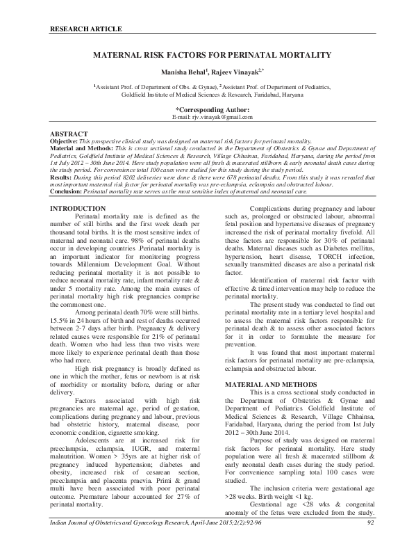 (PDF) MATERNAL RISK FACTORS FOR PERINATAL MORTALITY