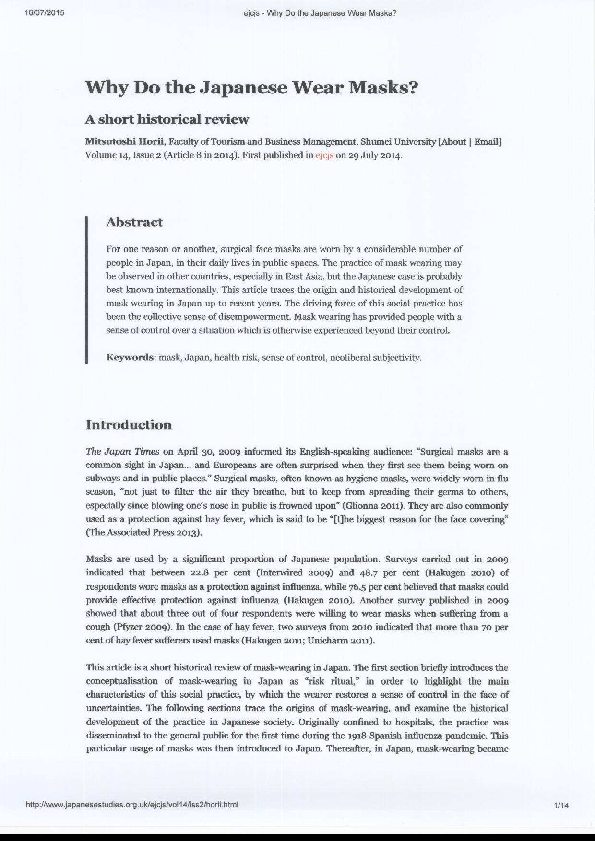 (PDF) Why Do the Japanese Wear Masks? A short historical review