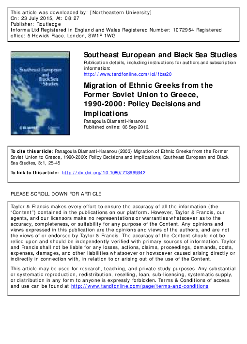 (PDF) Migration of Ethnic Greeks from the Former Soviet Union to Greece ...
