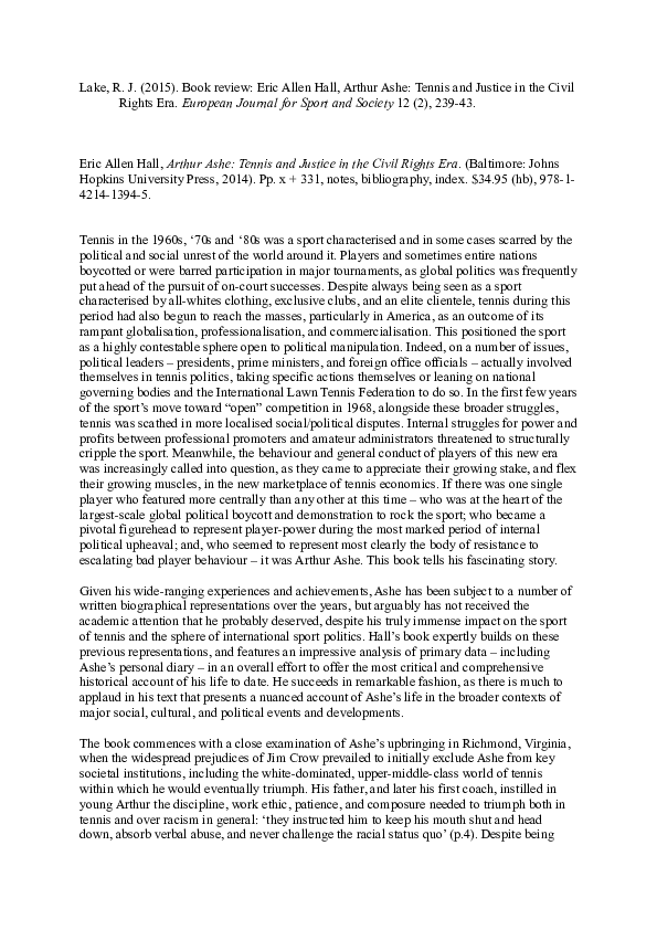 (DOC) Lake, R. J. (2015). Book review Eric Allen Hall, Arthur Ashe