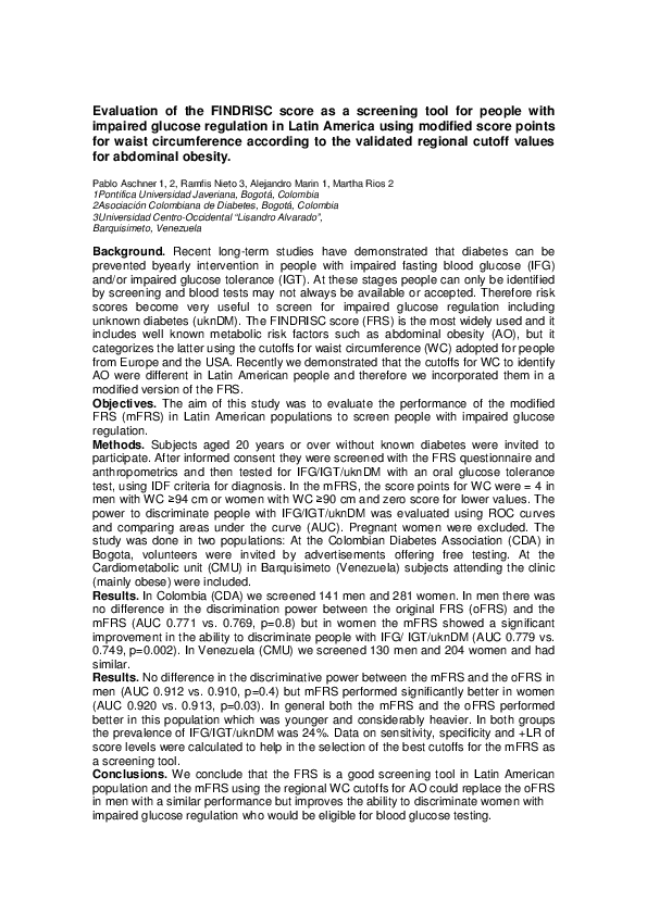  pdf evaluation of the findrisc score as a screening tool for people