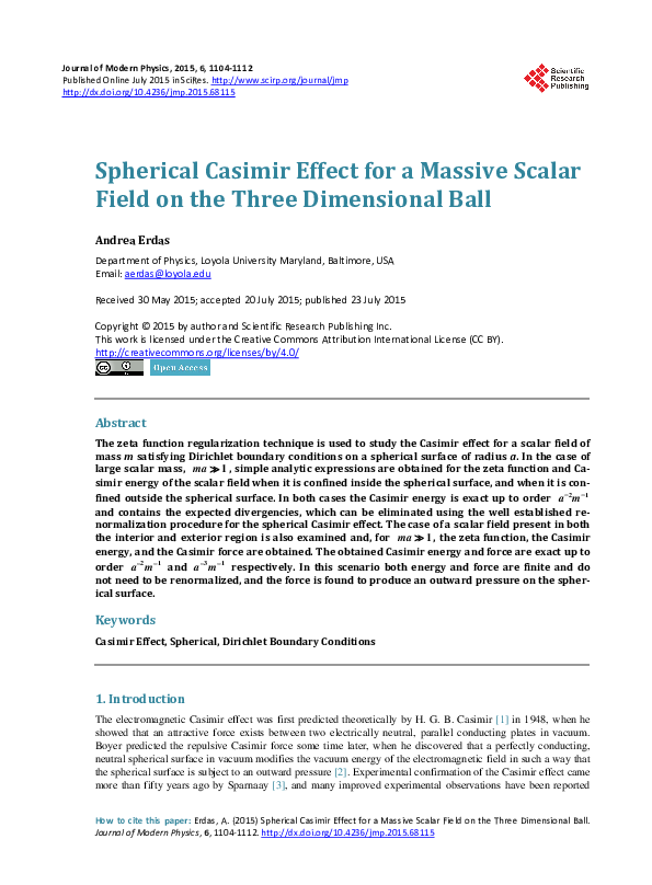 (PDF) Spherical Casimir Effect for a Massive Scalar Field on the Three ...