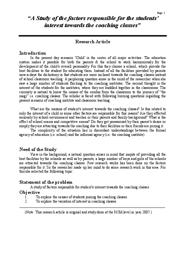 (DOC) “A Study of the factors responsible for the students’ interest ...