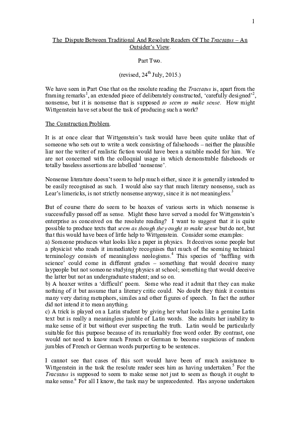 (PDF) The Dispute Between Traditional And Resolute Readers Of The 'Tractatus' An Outsider's