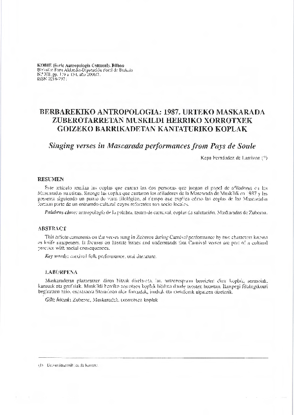 Berbarekiko antropologia: maskaradetako xorrotzen koplak