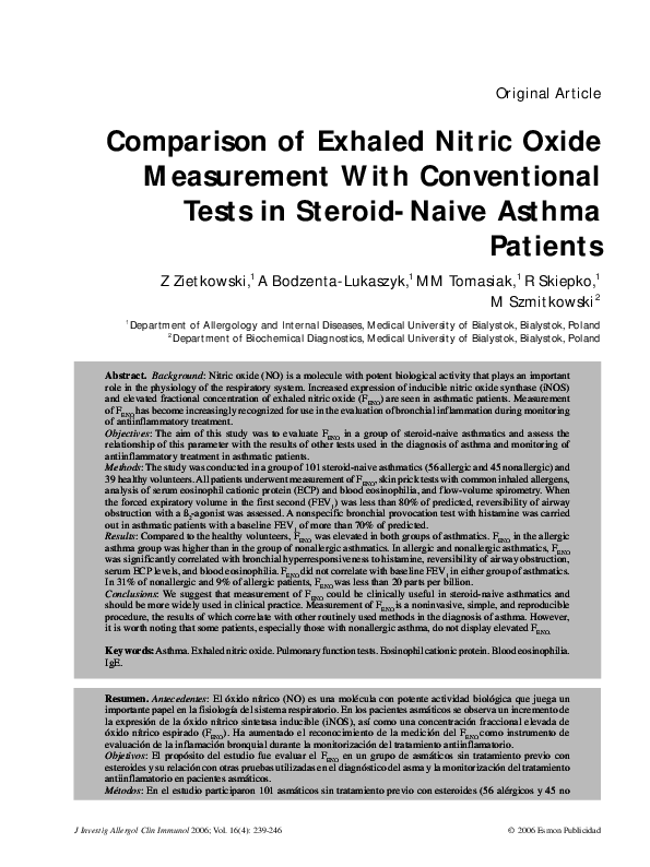 (PDF) Comparison of Exhaled Nitric Oxide Measurement With Conventional