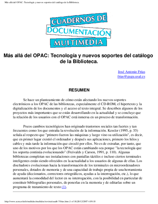 (PDF) Más allá del OPAC: tecnología y nuevos soportes del catálogo de ...