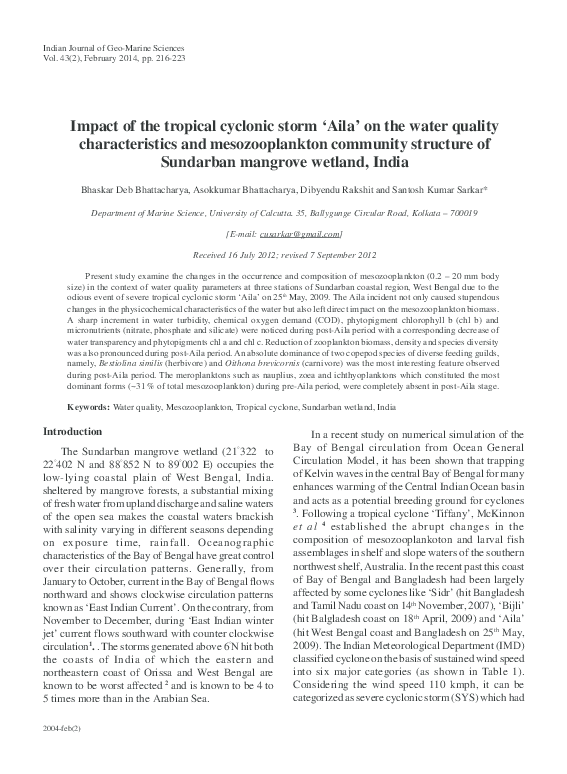 (PDF) Impact of tropical cyclone aila on the water quality ...
