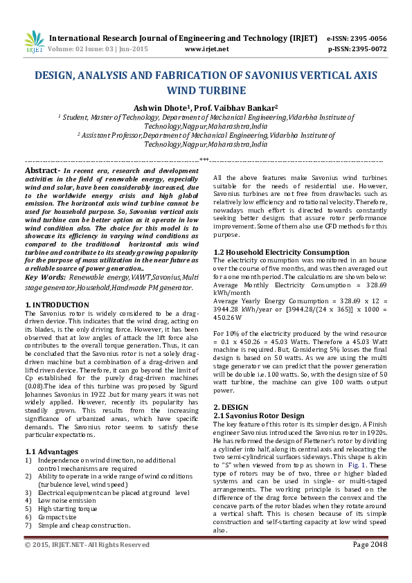 (PDF) IRJET-DESIGN, ANALYSIS AND FABRICATION OF SAVONIUS VERTICAL AXIS ...