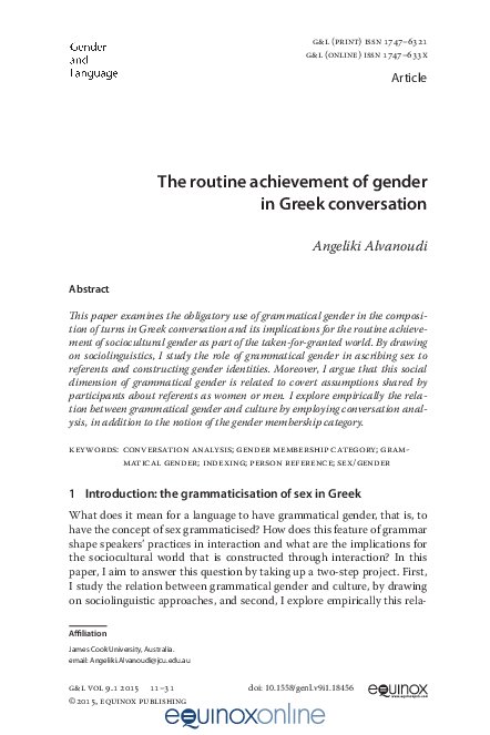 (PDF) Τhe routine achievement of gender in Greek conversation, Gender ...