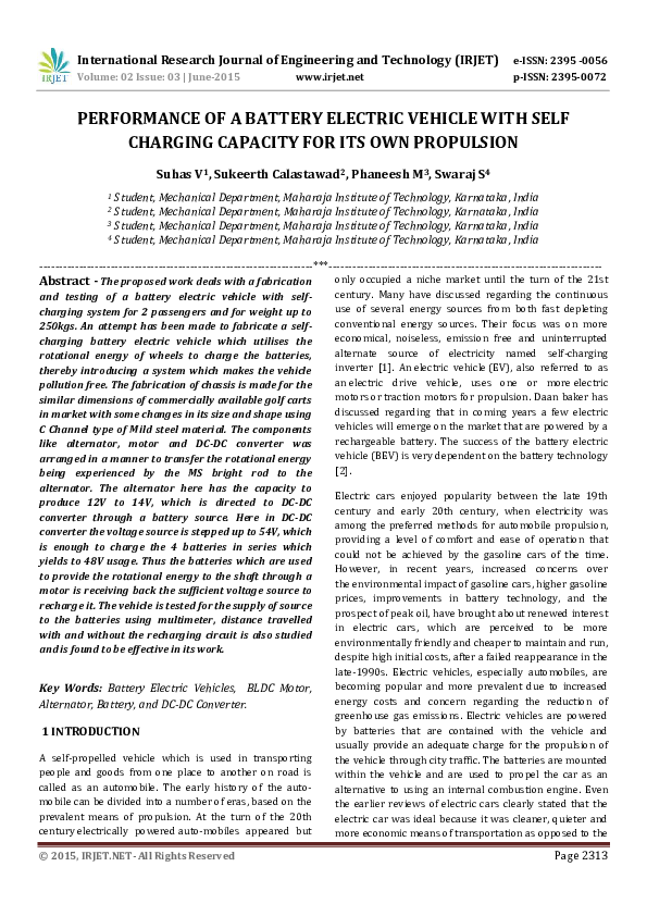(PDF) IRJETPERFORMANCE OF A BATTERY ELECTRIC VEHICLE WITH SELF