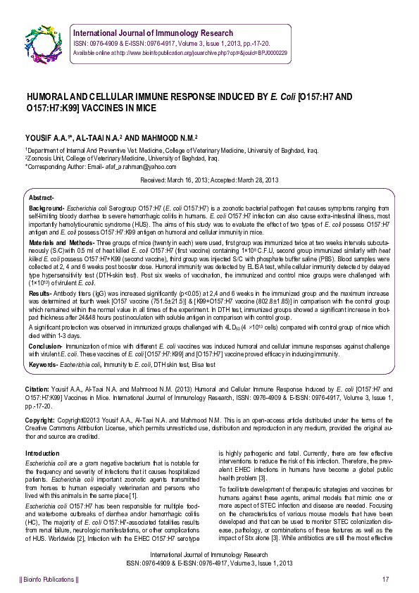 (PDF) HUMORAL AND CELLULAR IMMUNE RESPONSE INDUCED BY E. Coli [O157:H7 ...