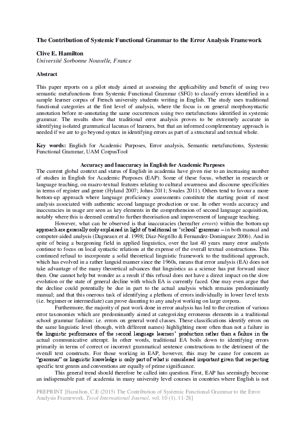 The Contribution of Systemic Functional Grammar to the Error Analysis ...