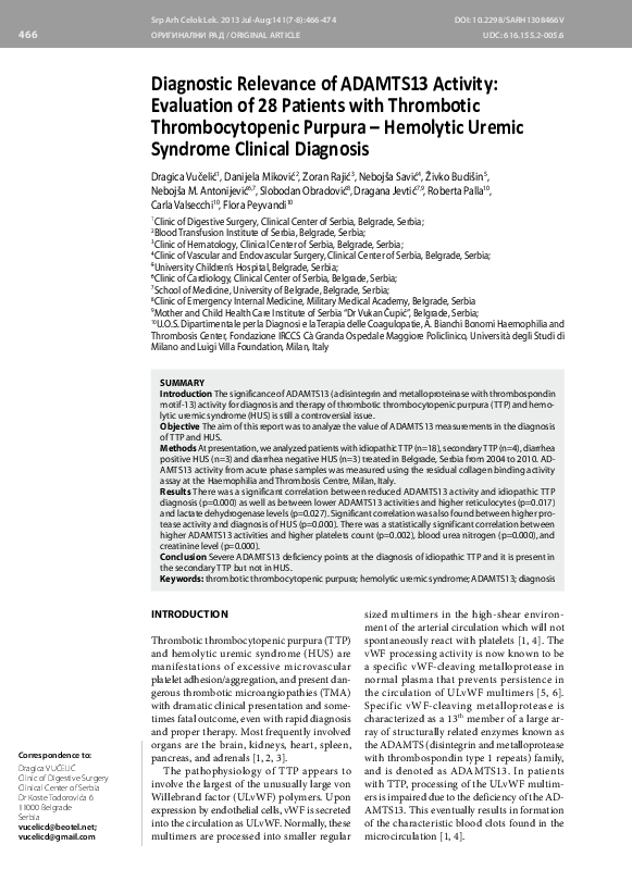 (PDF) Diagnostic relevance of ADAMTS13 activity: Evaluation of 28 ...
