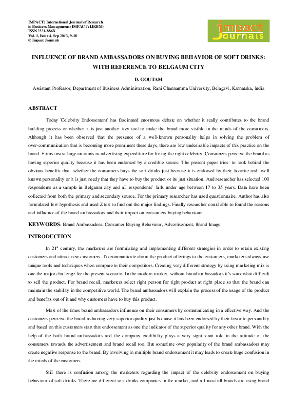 (PDF) INFLUENCE OF BRAND AMBASSADORS ON BUYING BEHAVIOR OF SOFT DRINKS