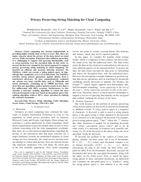 (PDF) Privacy Preserving String Matching for Cloud Computing