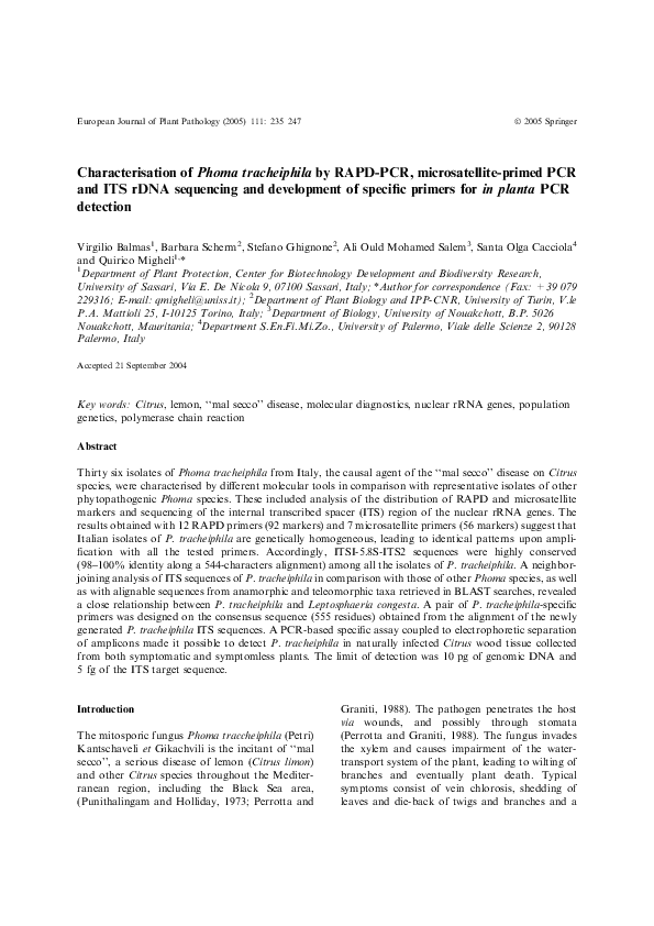 (PDF) EUROPEAN JOURNAL OF PLANT PATHOLOGY 111 2005 Phoma