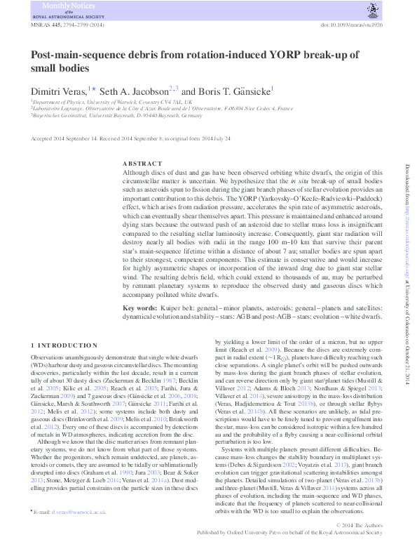 (PDF) Post-main-sequence debris from rotation-induced YORP break-up of ...