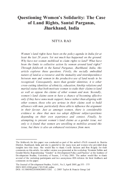 (PDF) Questioning Women’s Solidarity: The Case of land rights