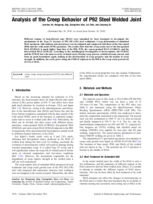 (PDF) Analysis of the Creep Behavior of P92 Steel Welded Joint