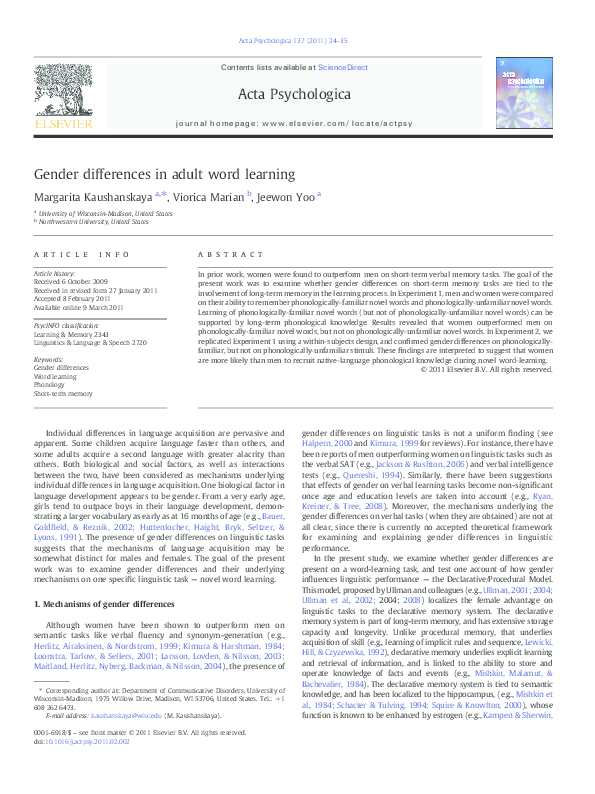 (PDF) Gender differences in adult word learning