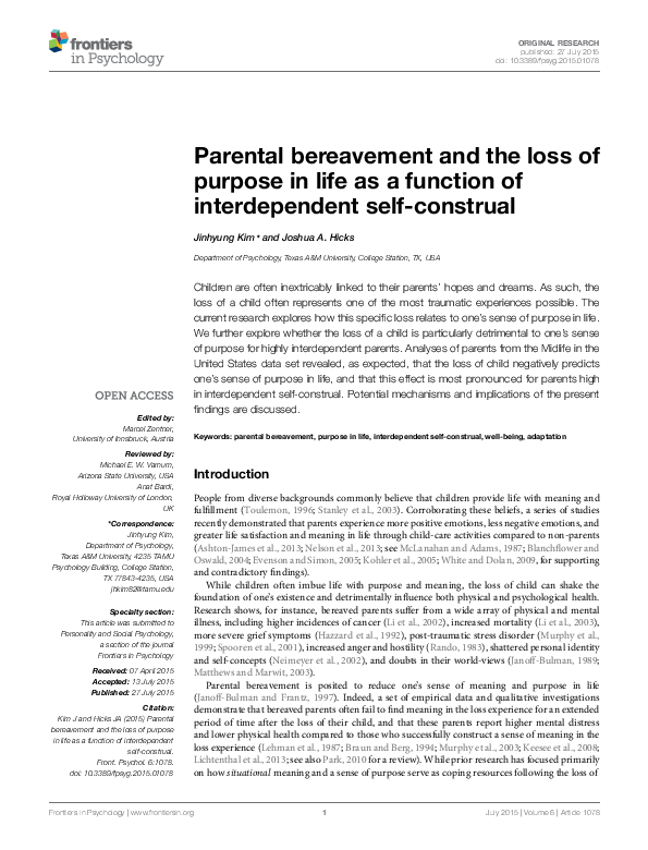 (PDF) Parental bereavement and the loss of purpose in life as a ...