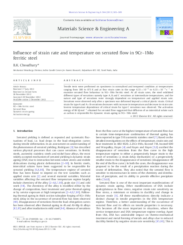 (PDF) Influence of strain rate and temperature on serrated flow in 9Cr ...