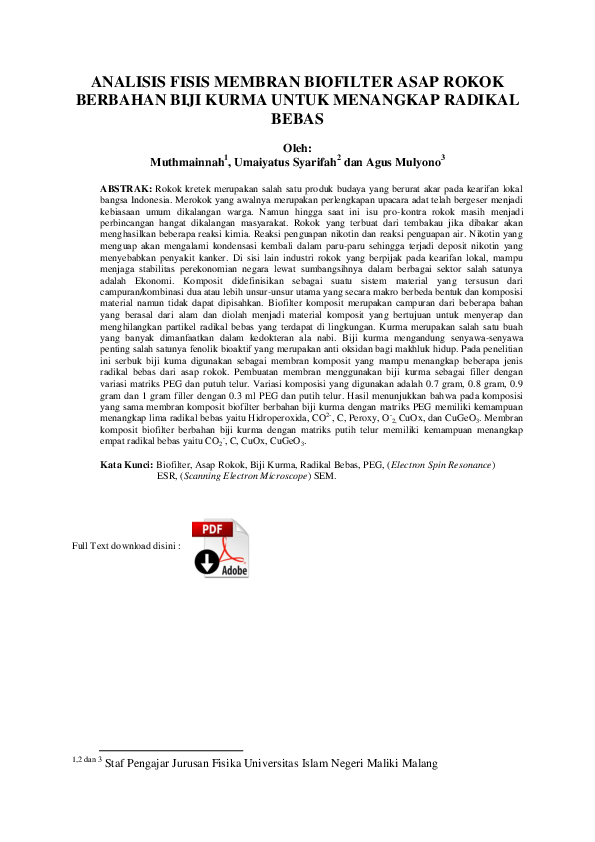 (PDF) ANALISIS FISIS MEMBRAN BIOFILTER ASAP ROKOK BERBAHAN BIJI KURMA ...
