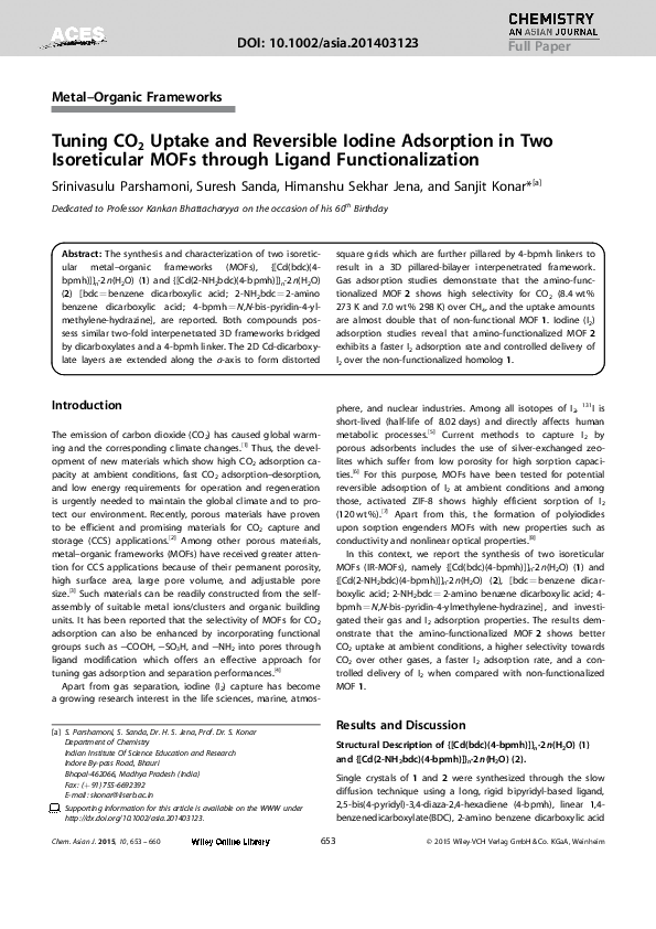 (PDF) Tuning CO2 Uptake and Reversible Iodine Adsorption in Two ...