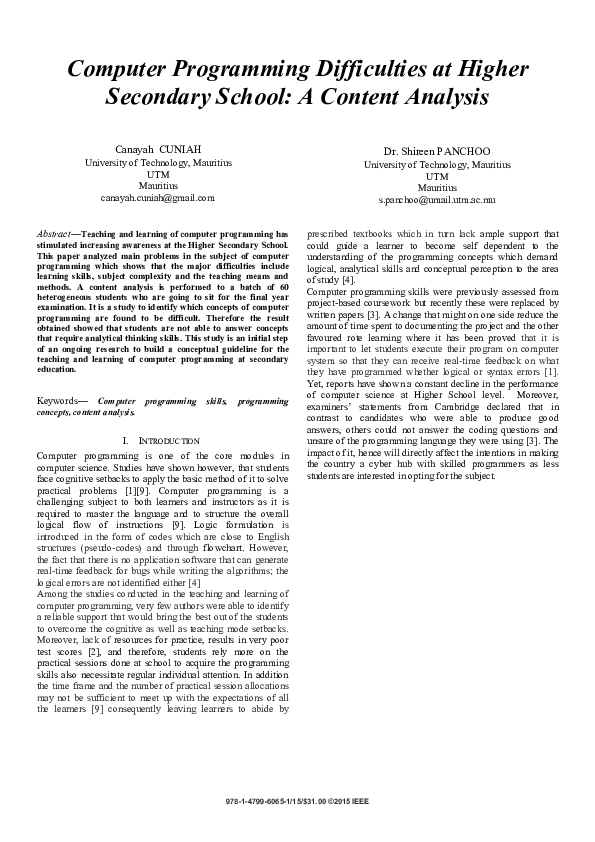 (PDF) Computer Programming Difficulties at Higher Secondary School: A ...