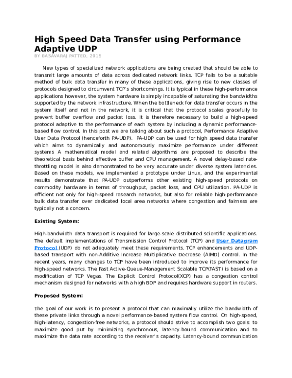 (DOC) High Speed Data Transfer using Performance Adaptive UDP