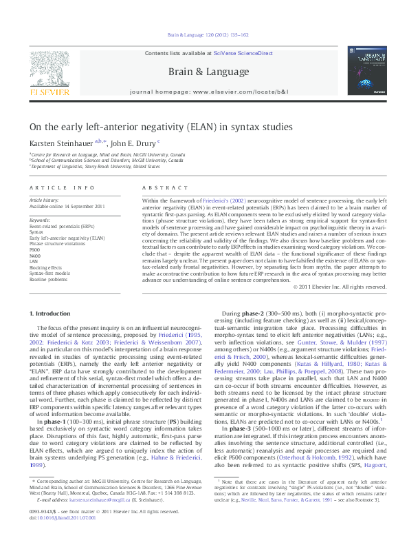 (PDF) On the early left-anterior negativity (ELAN) in syntax studies