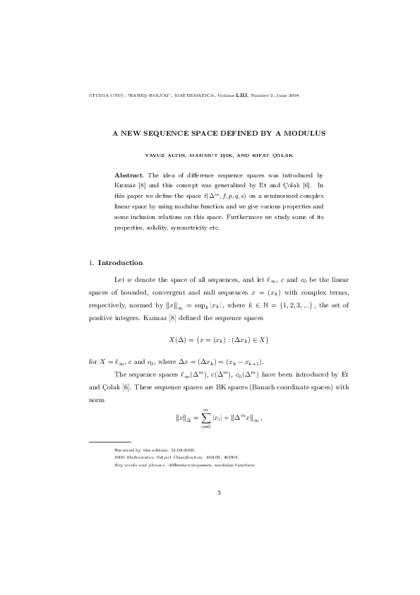 (PDF) A NEW SEQUENCE SPACE DEFINED BY A MODULUS