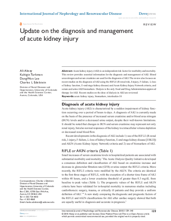 (PDF) Update on the diagnosis and management of acute kidney injury