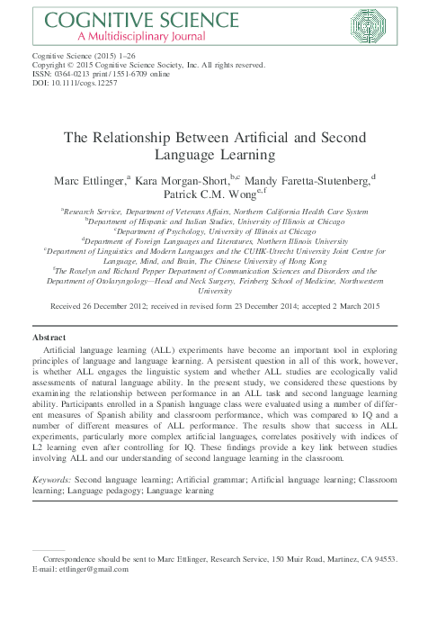 (PDF) The relationship between artificial and second language learning
