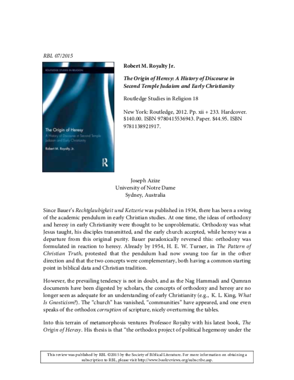 (PDF) Review of The Origin of Heresy by Joseph Azize, Review of ...