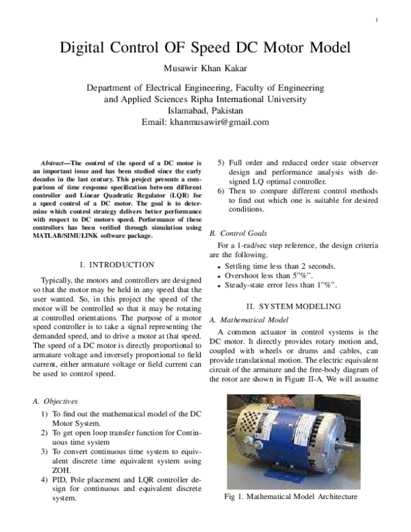 (PDF) Digital control of speed Dc Motor Model