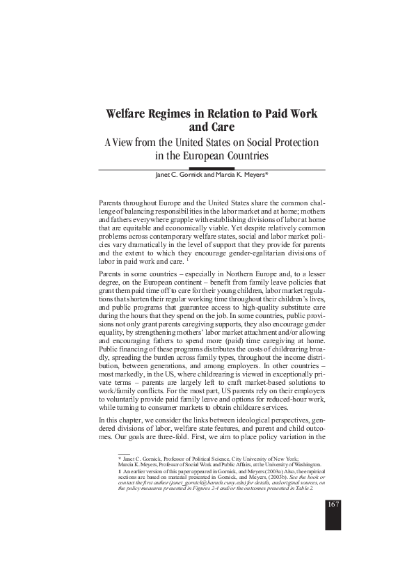 (PDF) Welfare Regimes in Relation to Paid Work and Care A View from the ...