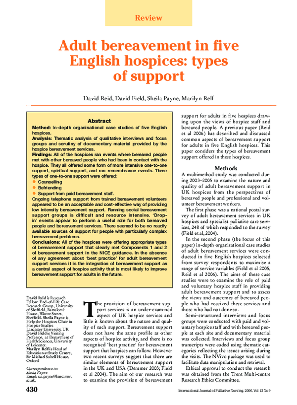 (PDF) Adult bereavement in five English hospices: types of support