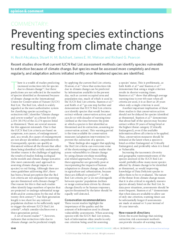 (PDF) Preventing Species Extinctions Resulting from Climate Change
