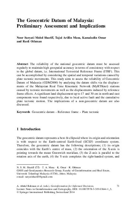 (PDF) The Geocentric Datum of Malaysia: Preliminary Assessment and ...