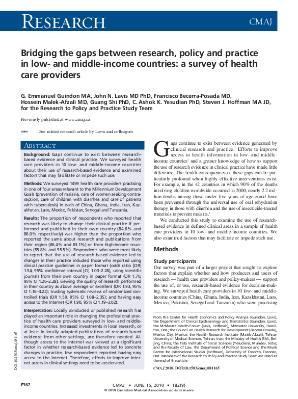 (PDF) Bridging the gaps between research, policy and practice in low ...